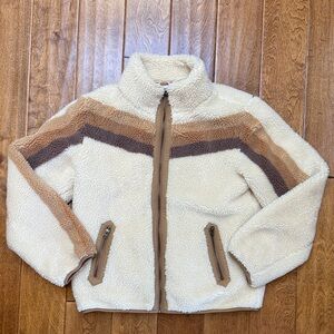 Faherty Apres Chevron Sherpa Cream Sherpa Jacket with Brown Stripes Sz Large